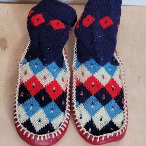 Vintage Muk Luks 1950s 60s Retro Wool Multicolor Leather Bottom Pull On